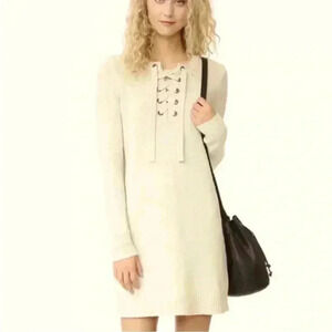 Madewell Lace Up Sweater Dress Size‎ Small 
Merino Wool V Neck Ribbed In Cream